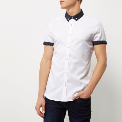 White casual contrast collar slim fit shirt